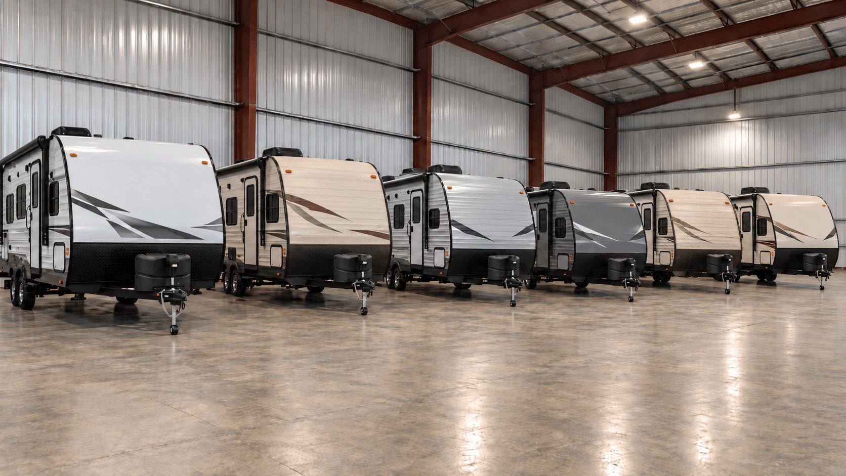 A row of bumper-pull trailers stored inside the heated Jenson Storage building in Logan, Utah